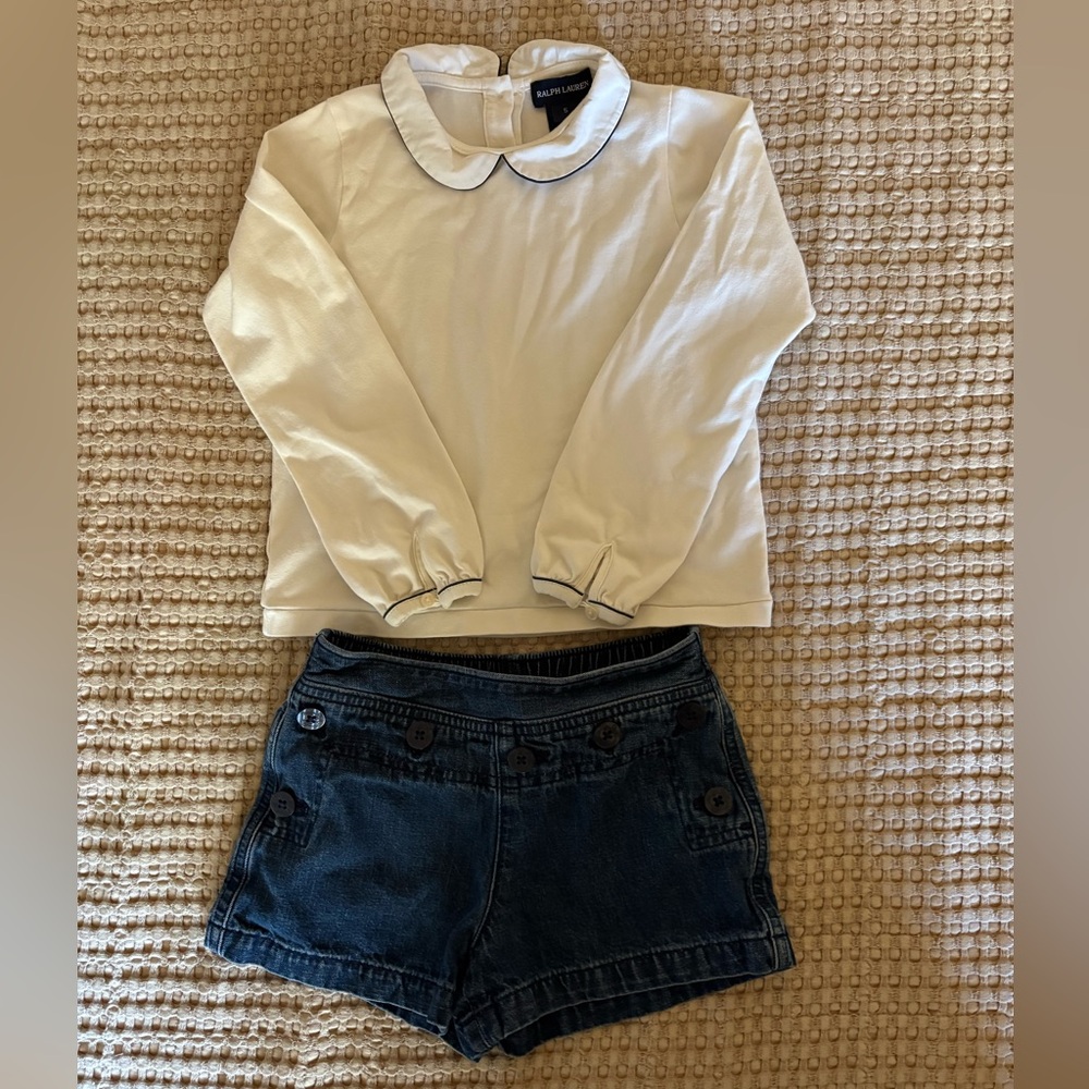 Ralph Lauren Ivory Long Sleeve Shirt with Peter Pan Collar and denim shorts - 5T